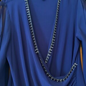 MSK Navy Blue Beaded V-Neck Blouse